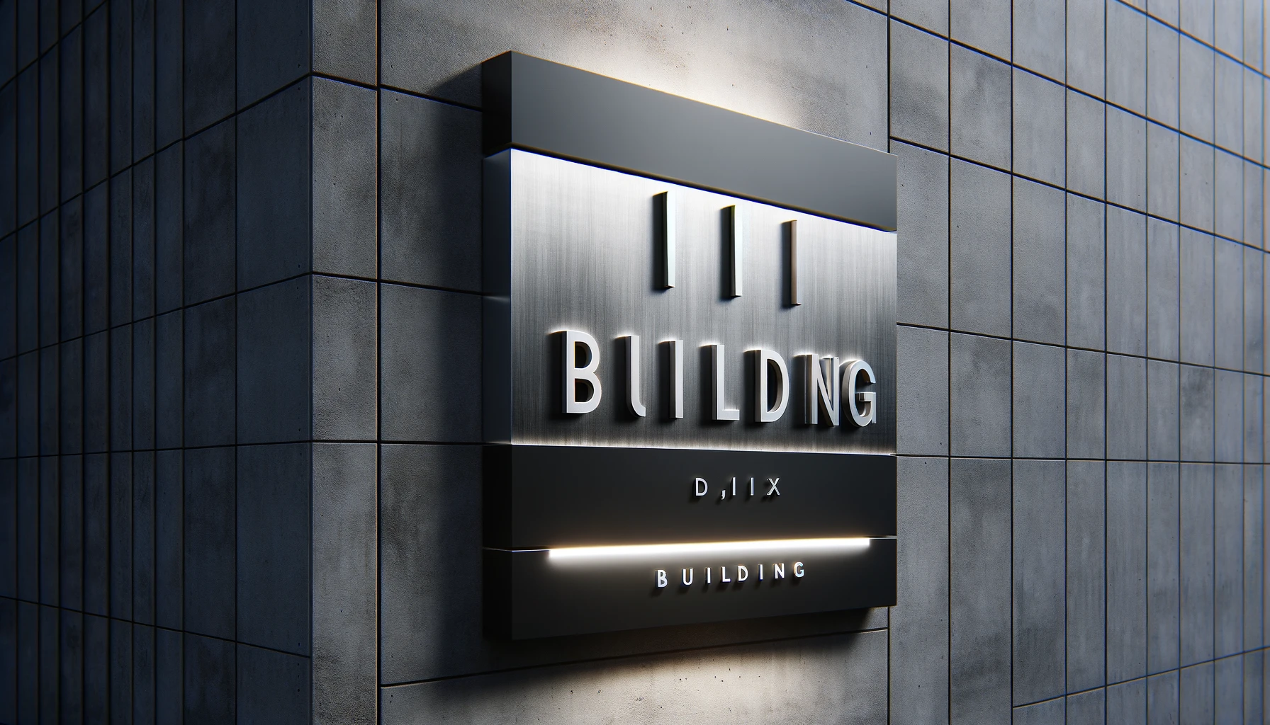 A sophisticated building signage design featuring a sleek, modern aesthetic. The sign is rectangular with a brushed metal finish, prominently displayi